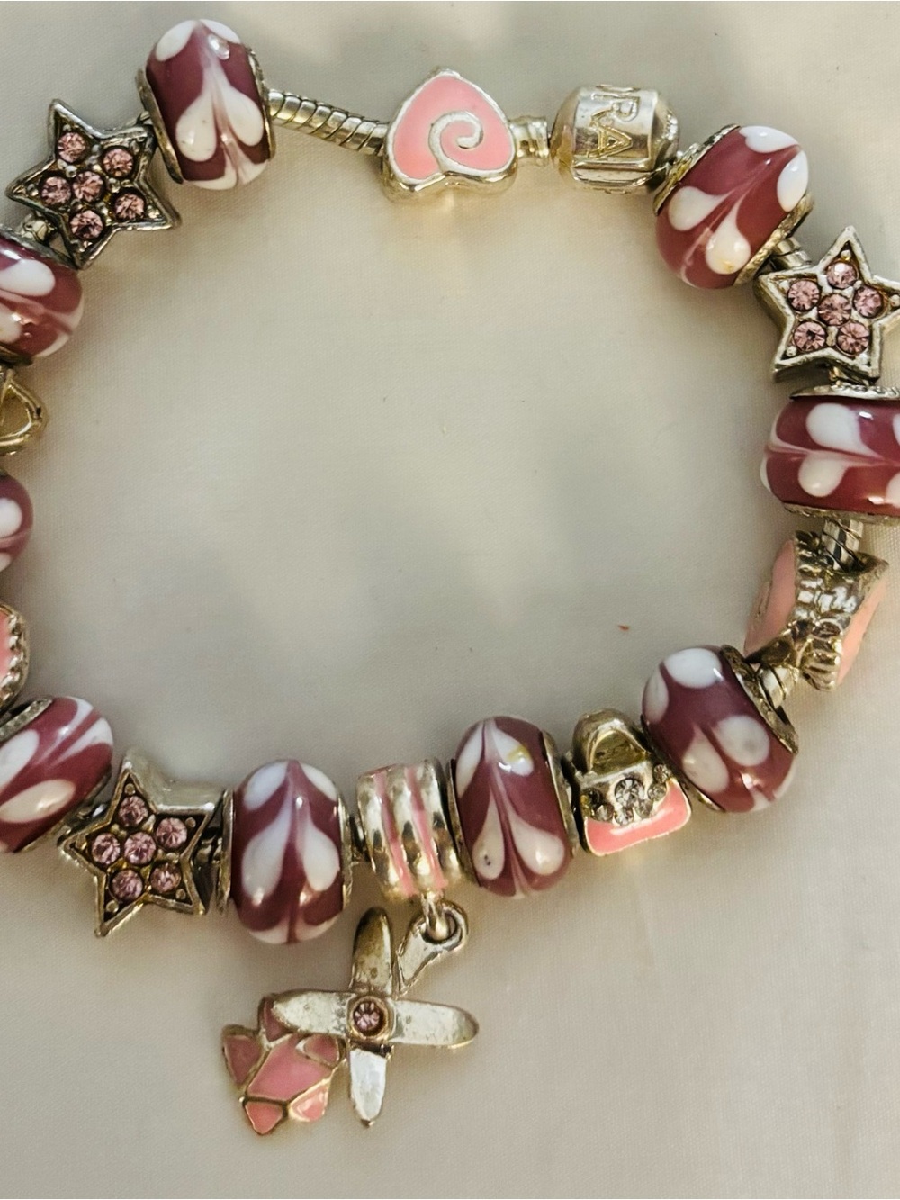 Pink and White Beaded Bracelet with Flower Charm